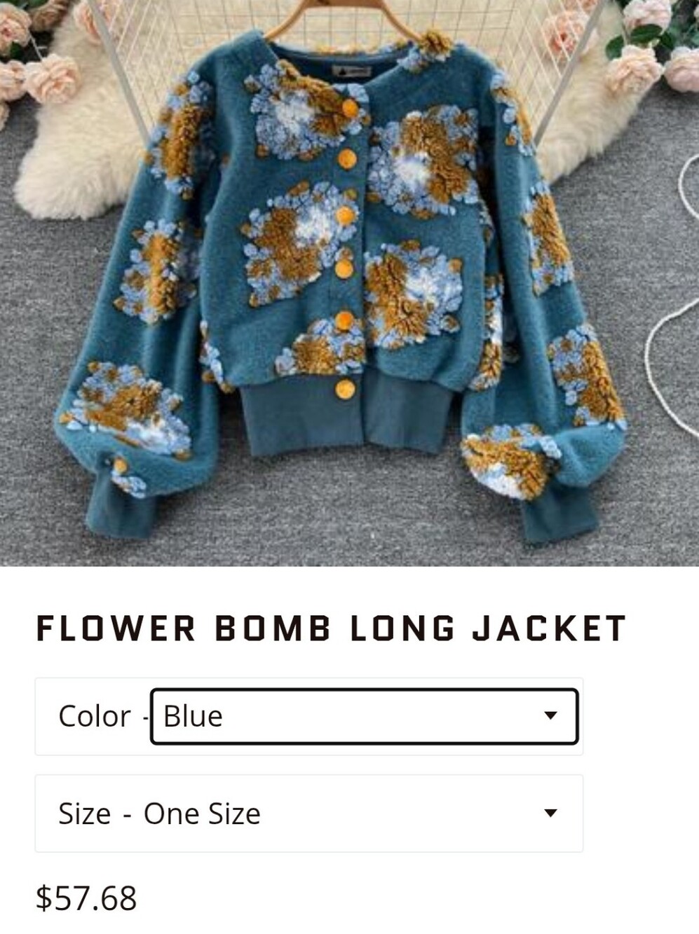 Textured Teal Floral Teddy Bomber Cardigan Yellow Buttons Grannycore Cottagecore